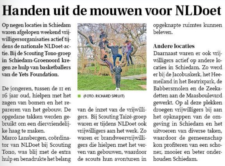 In het Nieuwsblad Schiedam stond een artikel over NLDoet bij de Scouting Tono-groep in Schiedam