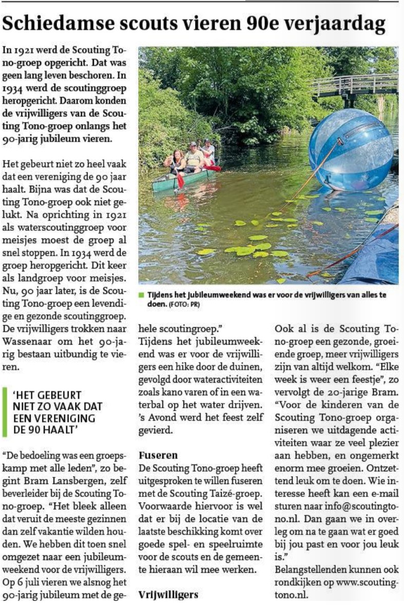 Het jubileumweekend voor het 90-jarig bestaan van de Scouting Tono-groep in het Nieuwsblad Schiedam van 15 mei 2024