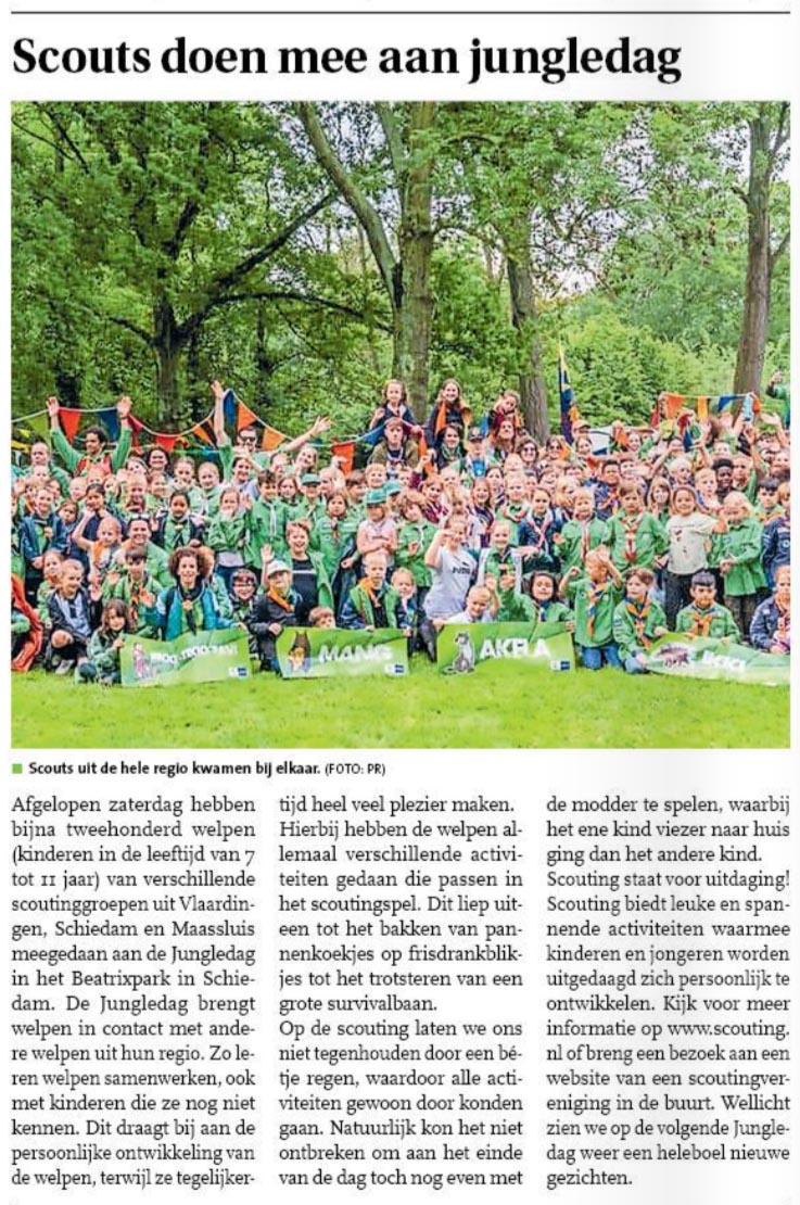 De Jungledag van Scoutingregio Maasdelta in het Nieuwsblad Maassluis van 39 mei 2024